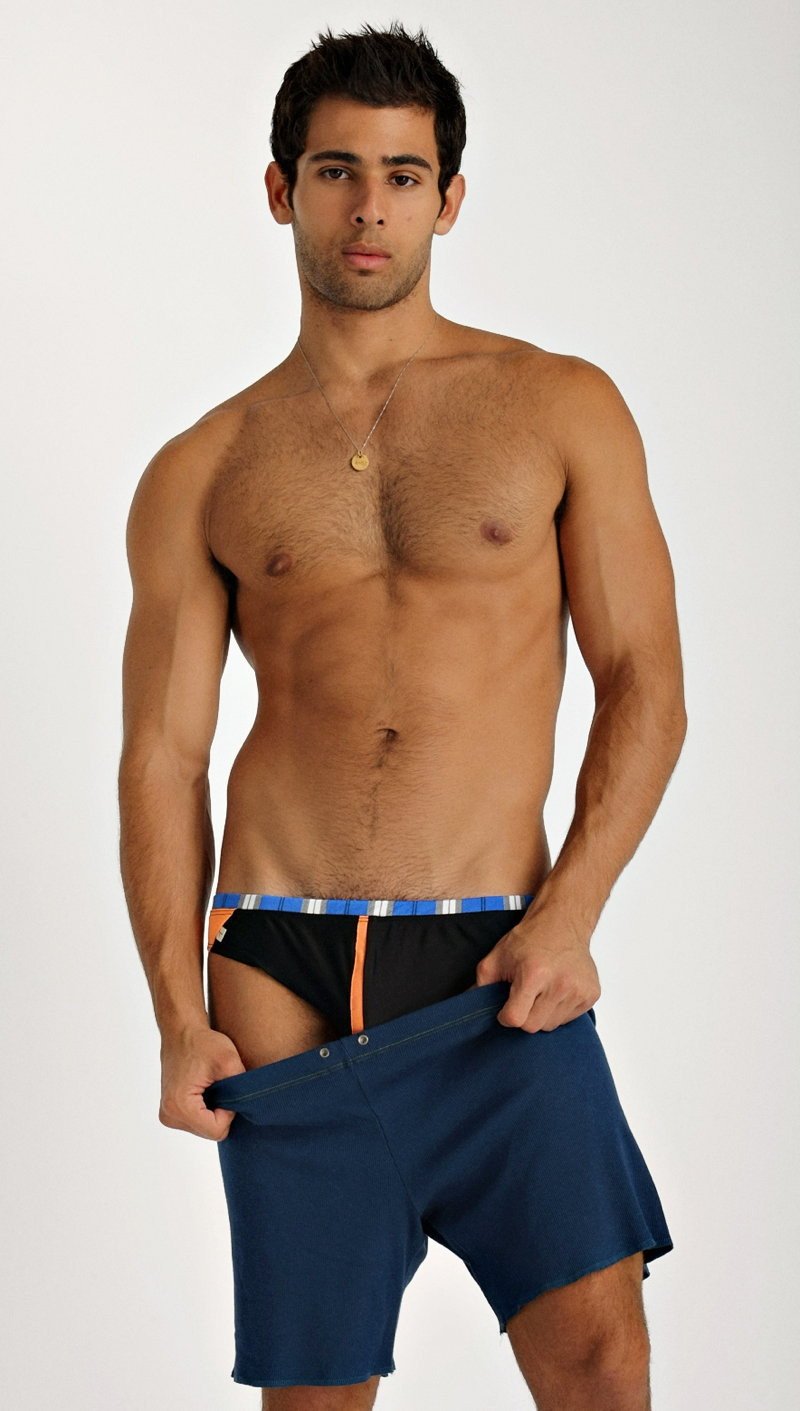 Navy blue fusion yoga short with striped waistband and orange side accents designed for active wear