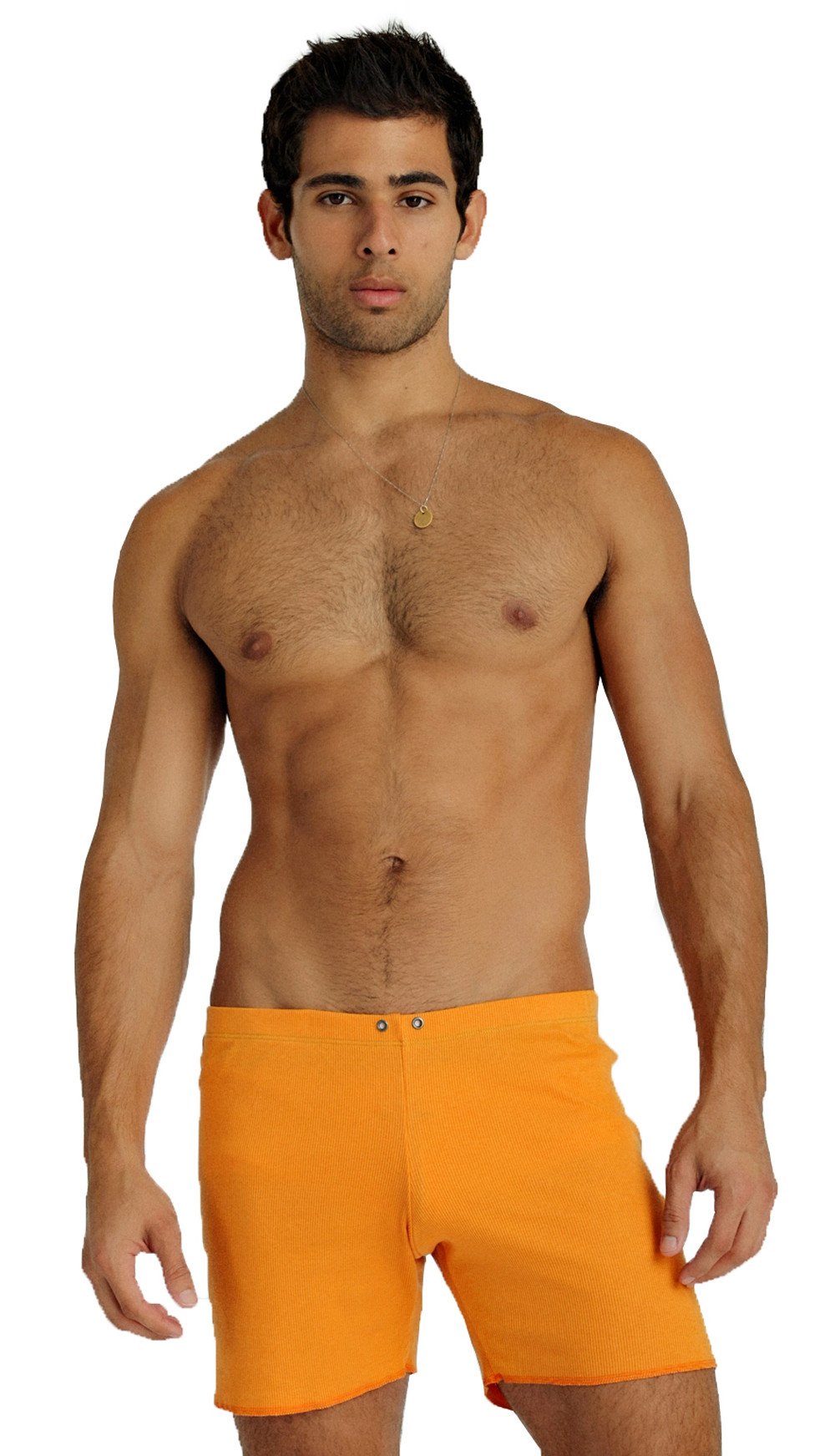 Bright orange fusion yoga shorts with simple design and two front button closures for swim and active wear