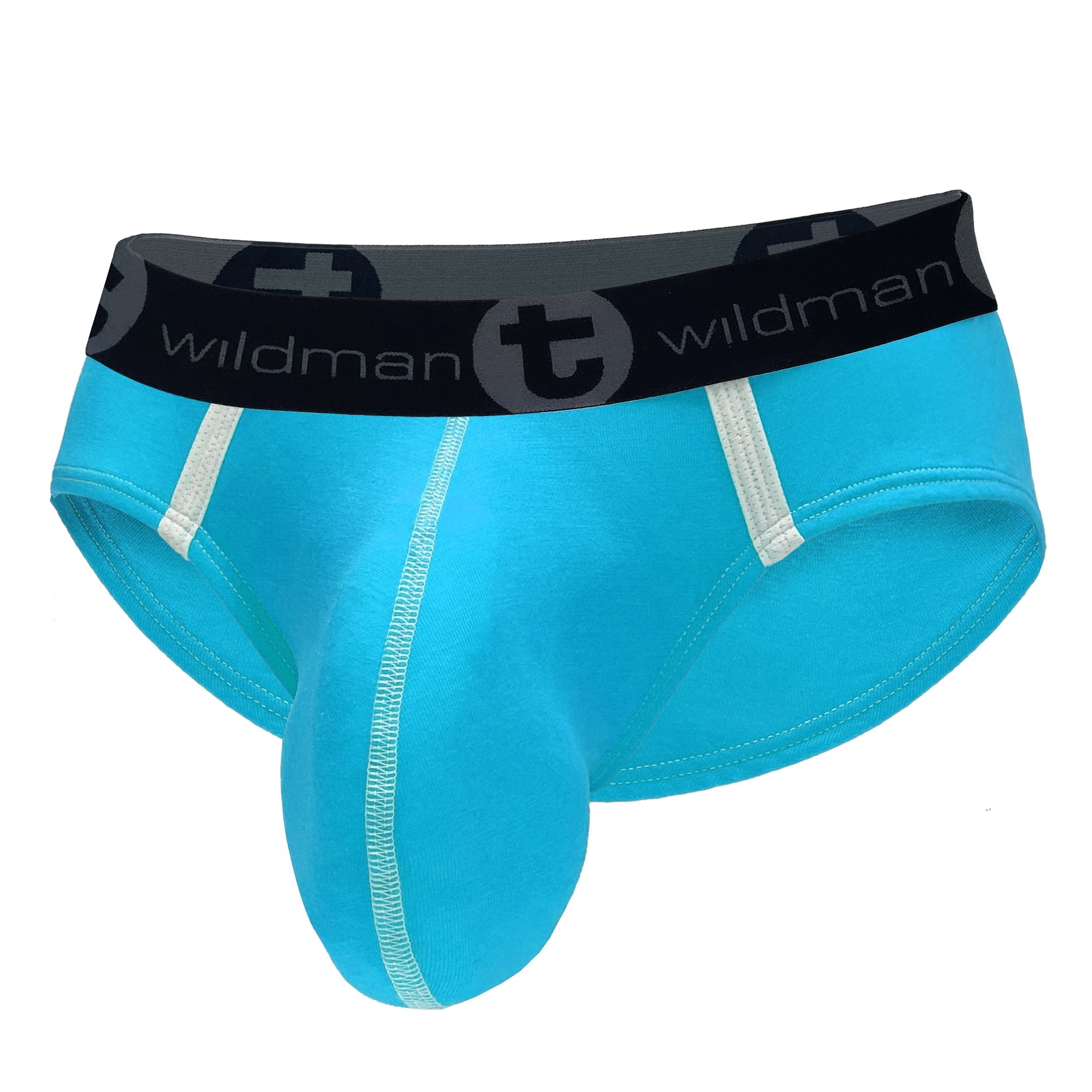 Baby blue WildmanT modal pouch brief with white contrast stitching, side stripes, and a black branded elastic waistband.