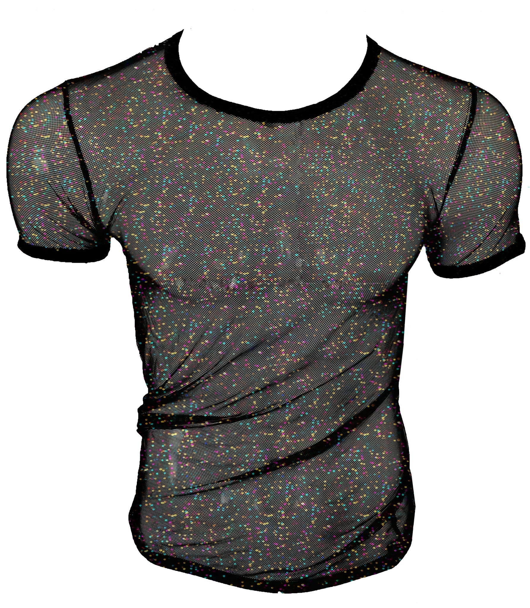 Black mesh t-shirt with iridescent glitter speckles and solid black trim called glitter mesh tee
