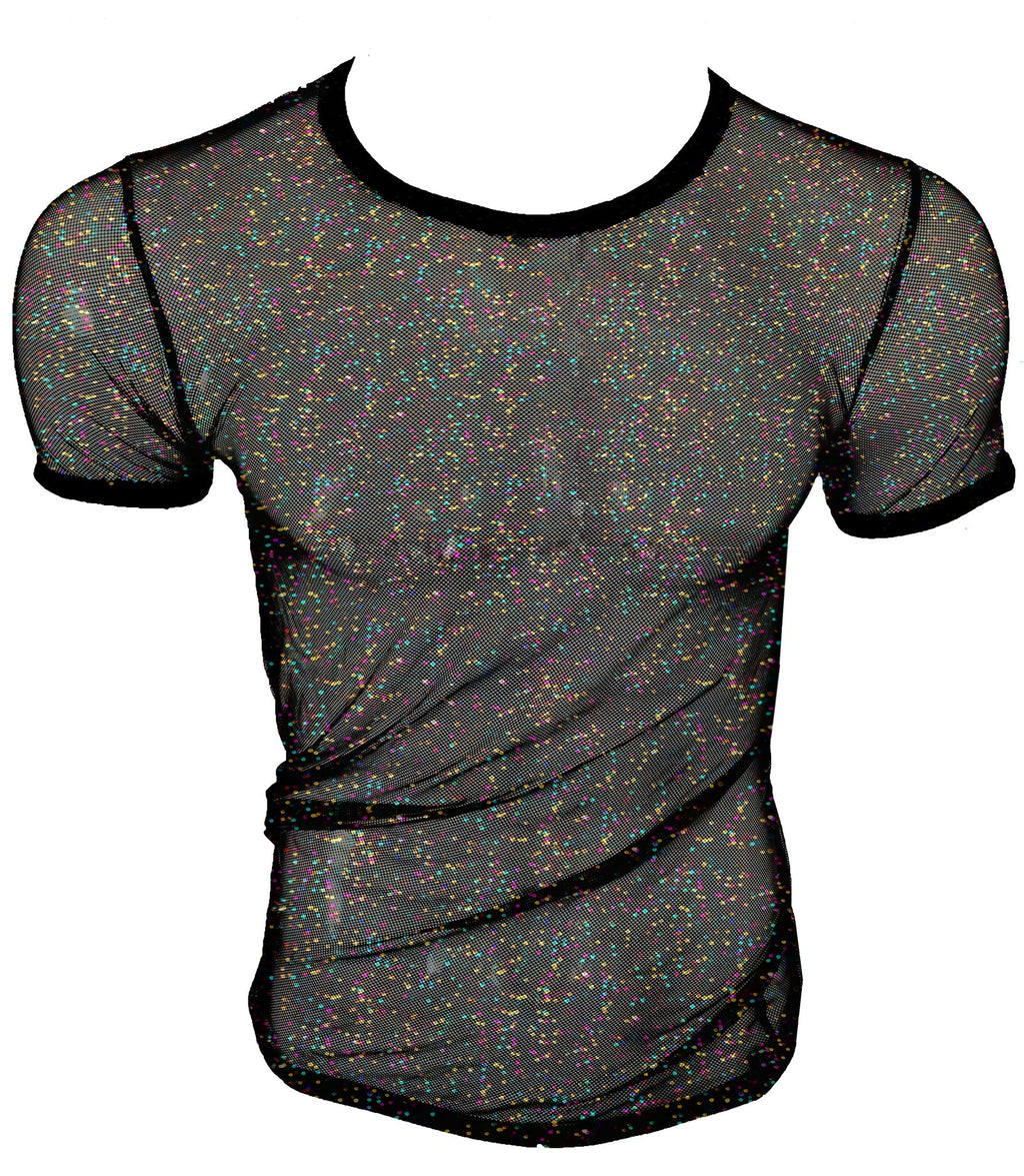 Black mesh t-shirt with iridescent glitter speckles and solid black trim called glitter mesh tee