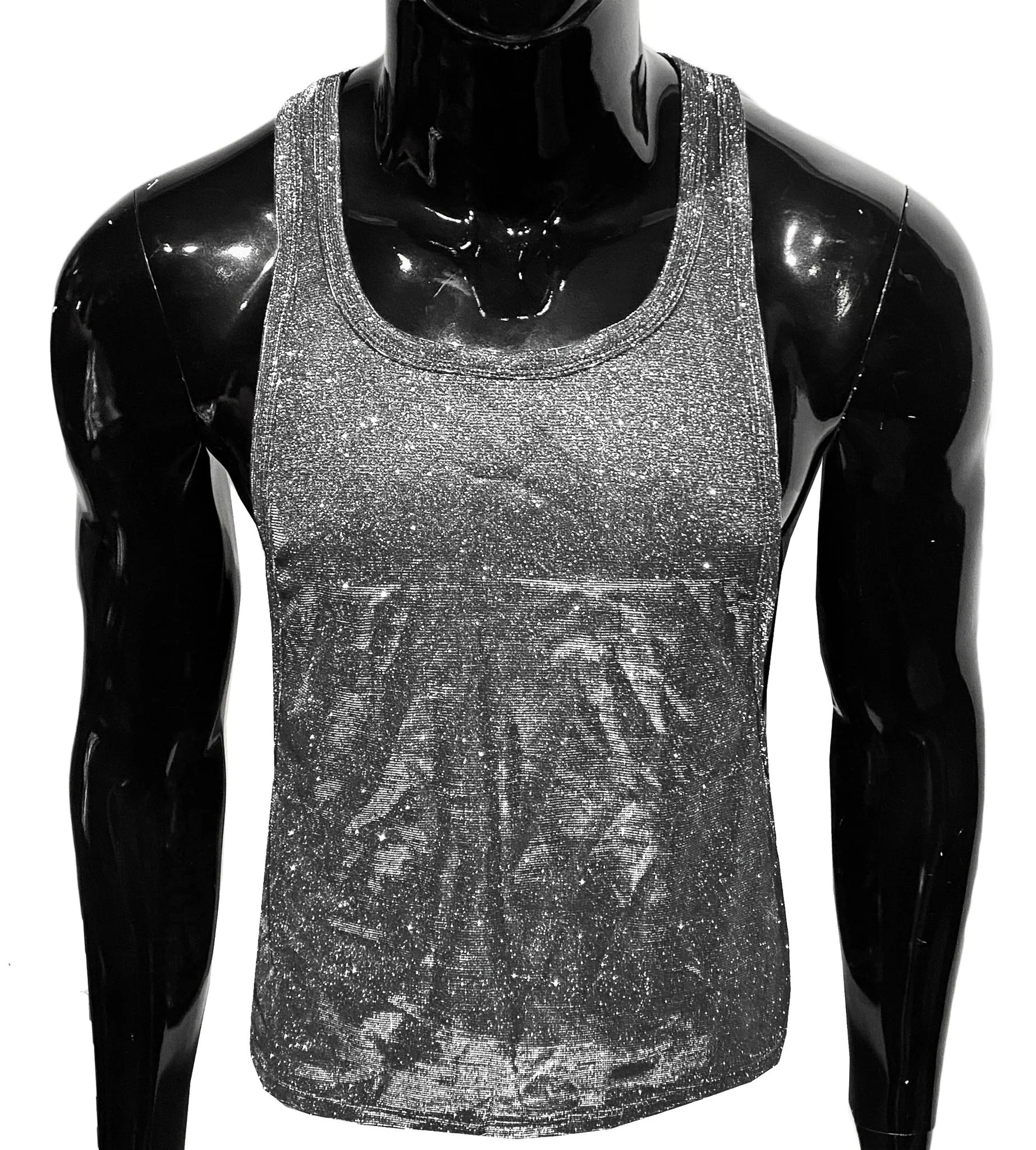 Shiny silver sequined glitter string tank top with subtle gradient effect for stylish casual wear