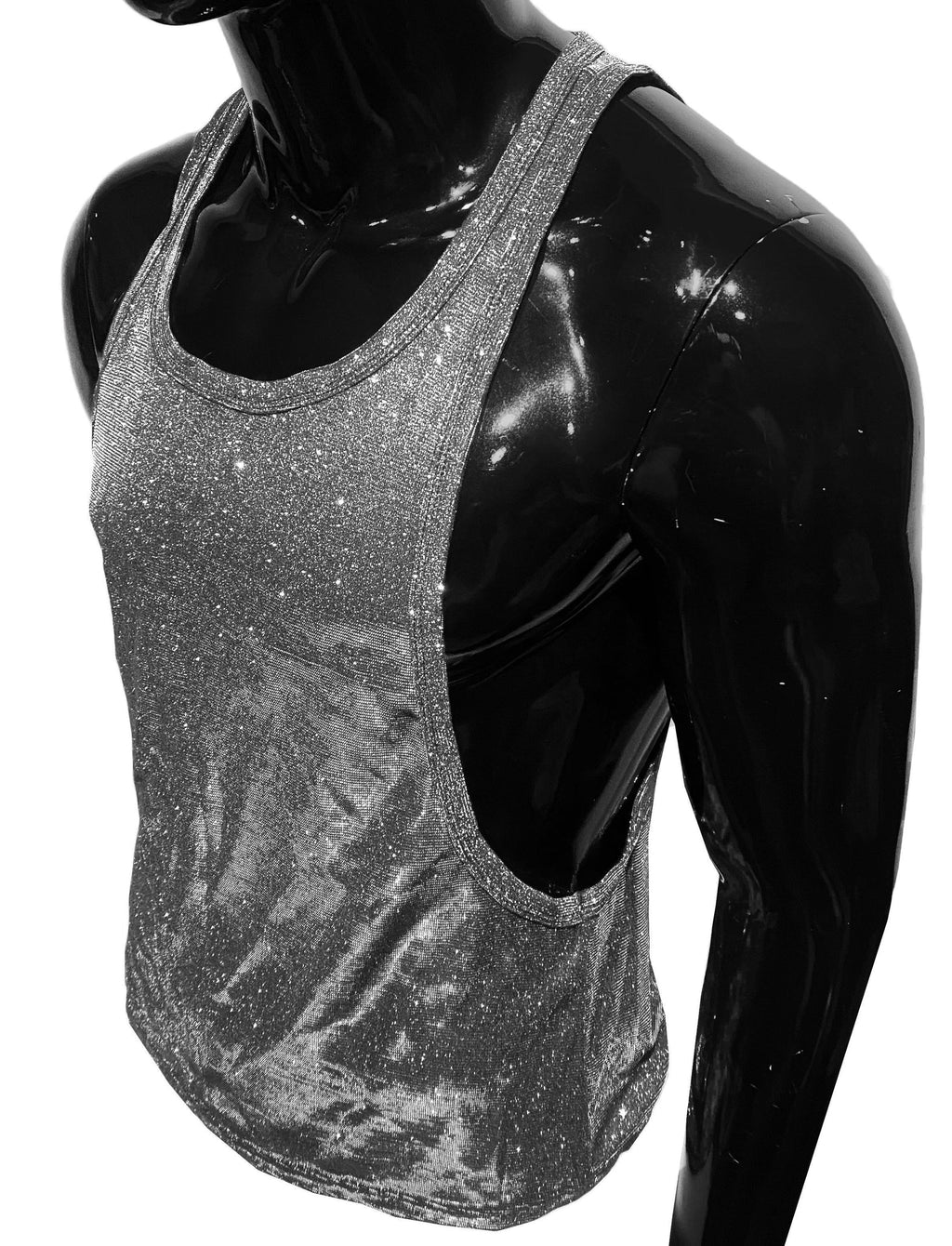 Shiny silver glitter string tank top with a cutout side panel made of sparkling fabric for festive wear