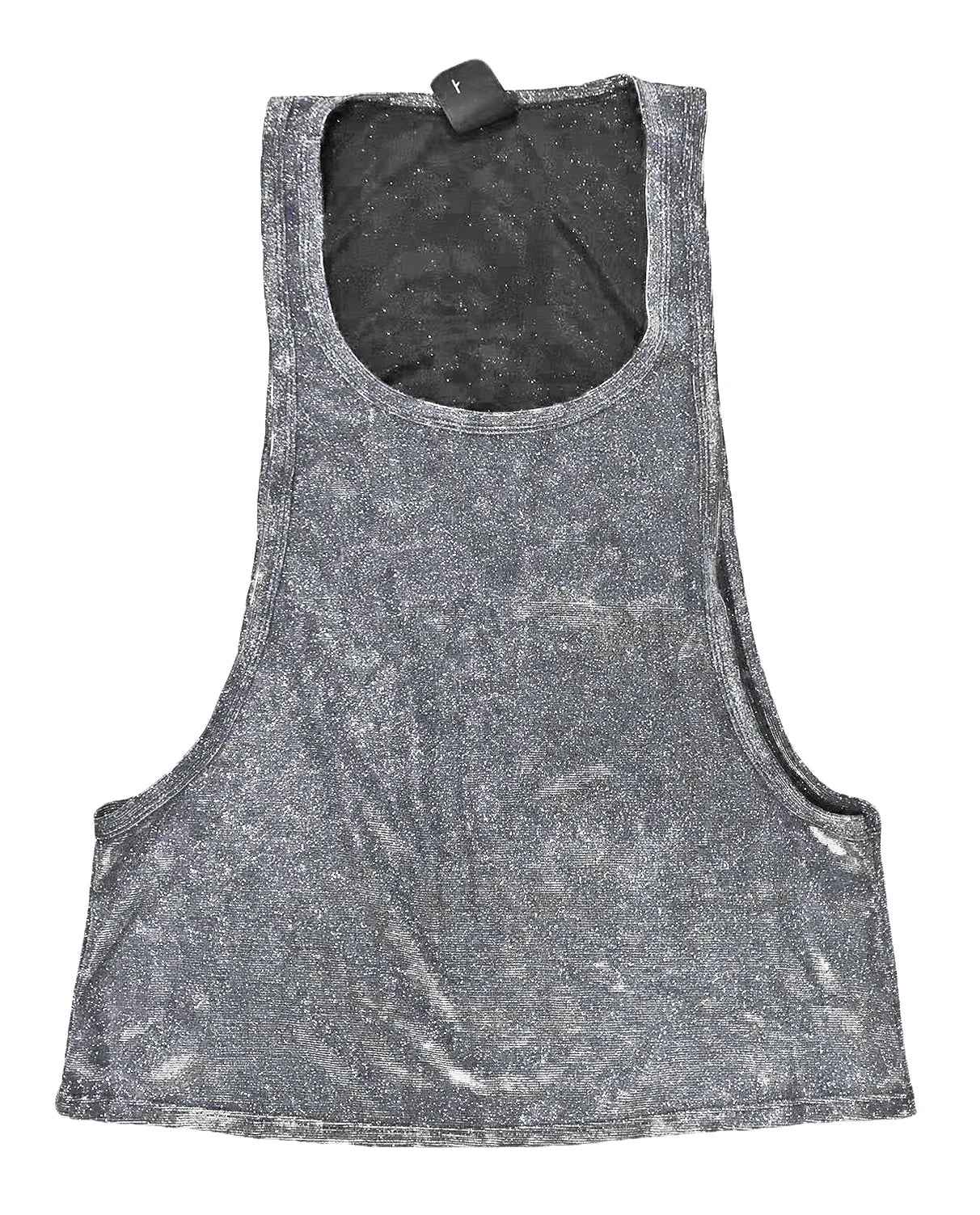 Gray metallic glitter string tank top with distressed finish and black interior lining shown from front view