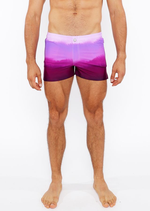 Gradient printed swim short featuring purple gradient swim trunks with a soft transition from lavender to violet