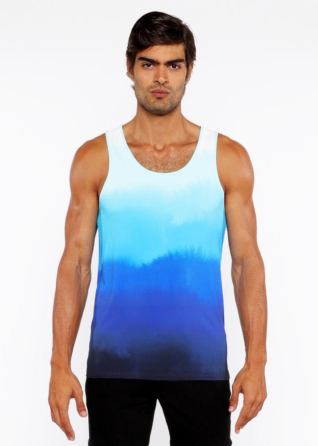 A men’s gradient stretch mesh tank top with a smooth transition from light to dark blue