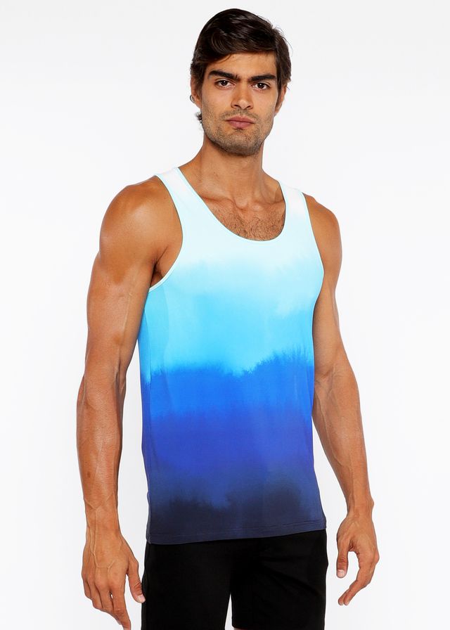 A men’s gradient stretch mesh tank top in blue with a soft watercolor transition from light to dark blue