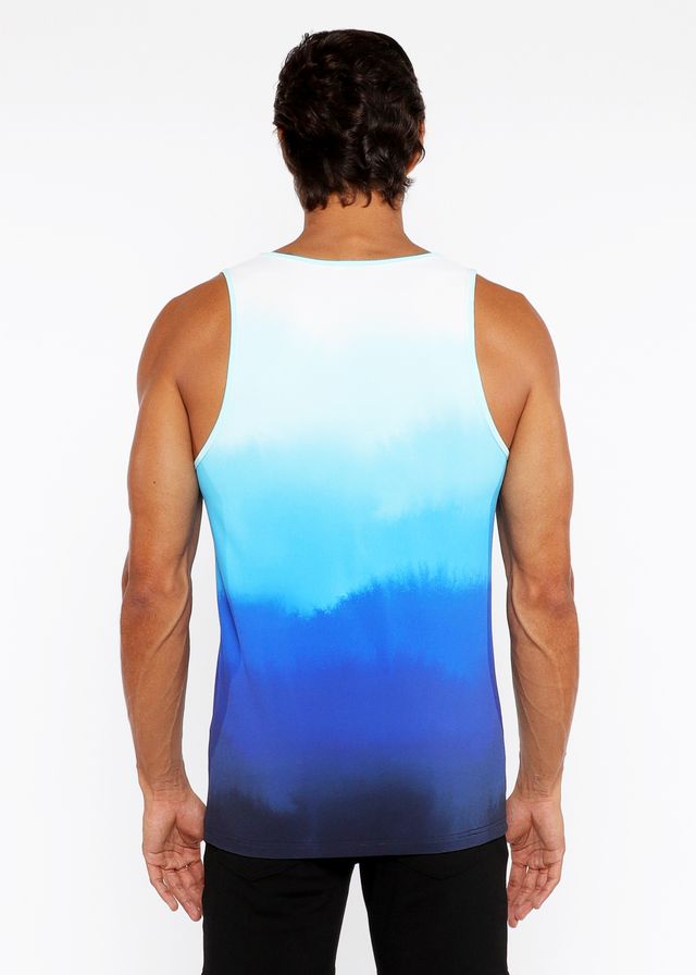 A men’s gradient stretch mesh tank top with a smooth white to deep blue color fade in soft fabric
