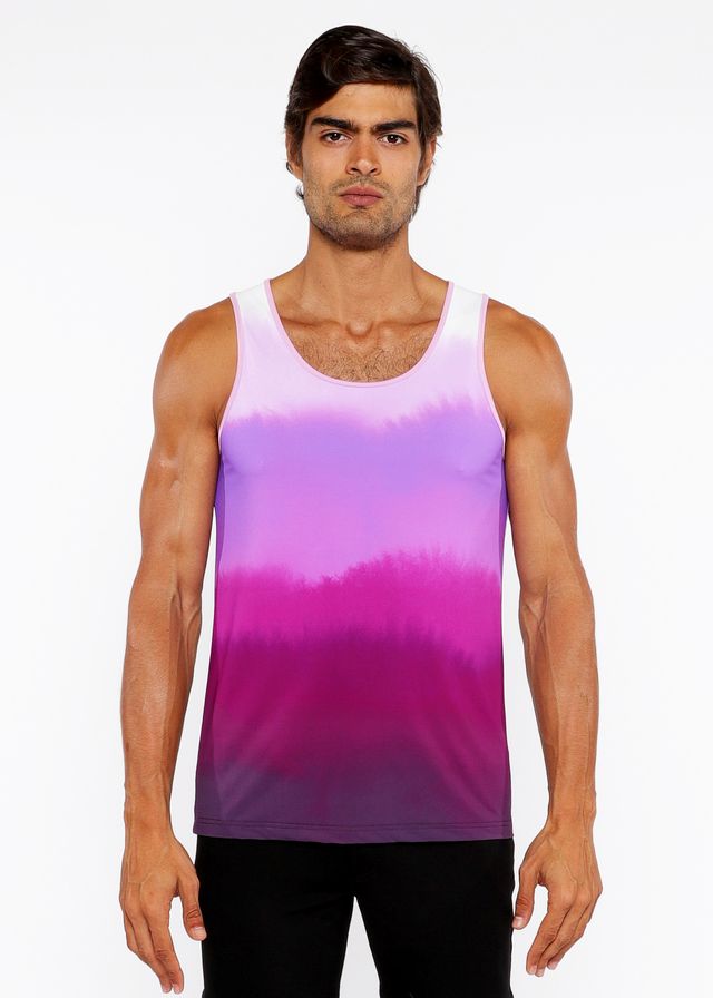 A man wearing a gradient stretch mesh tank with smooth hues from lavender to deep magenta and purple