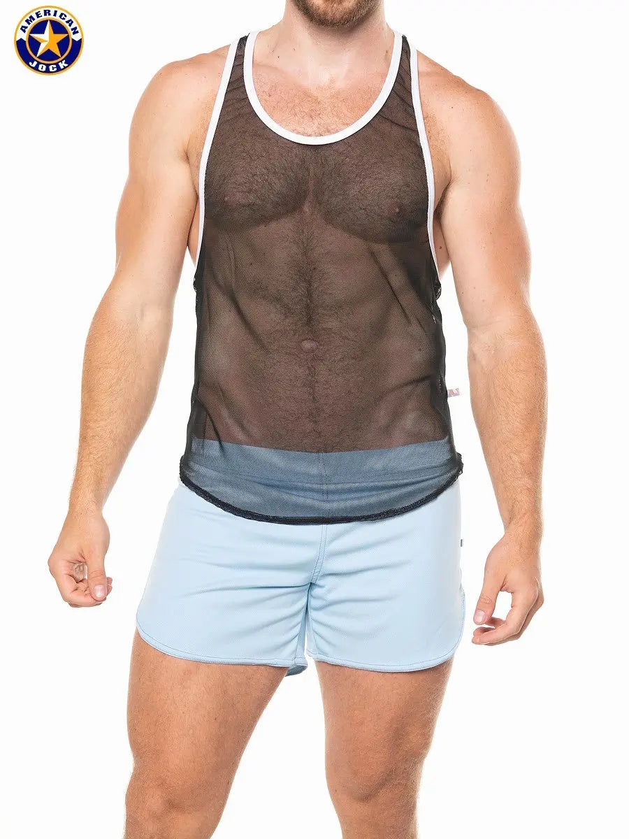 Black mesh gym tank top by AMERICAN JOCK featuring a sleeveless design and white trim worn by a muscular male model.