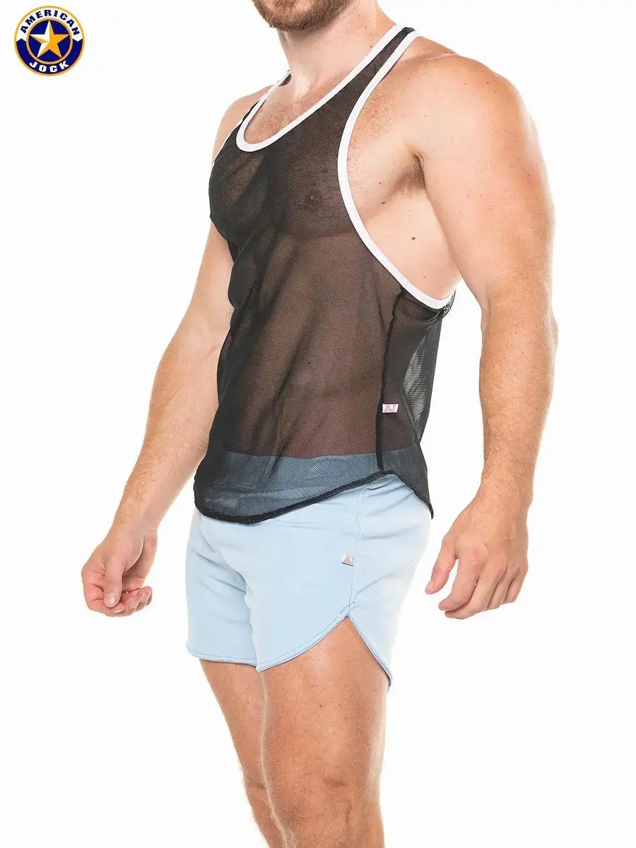 Black mesh gym tank top with white trim worn by a model paired with light blue shorts by AMERICAN JOCK.