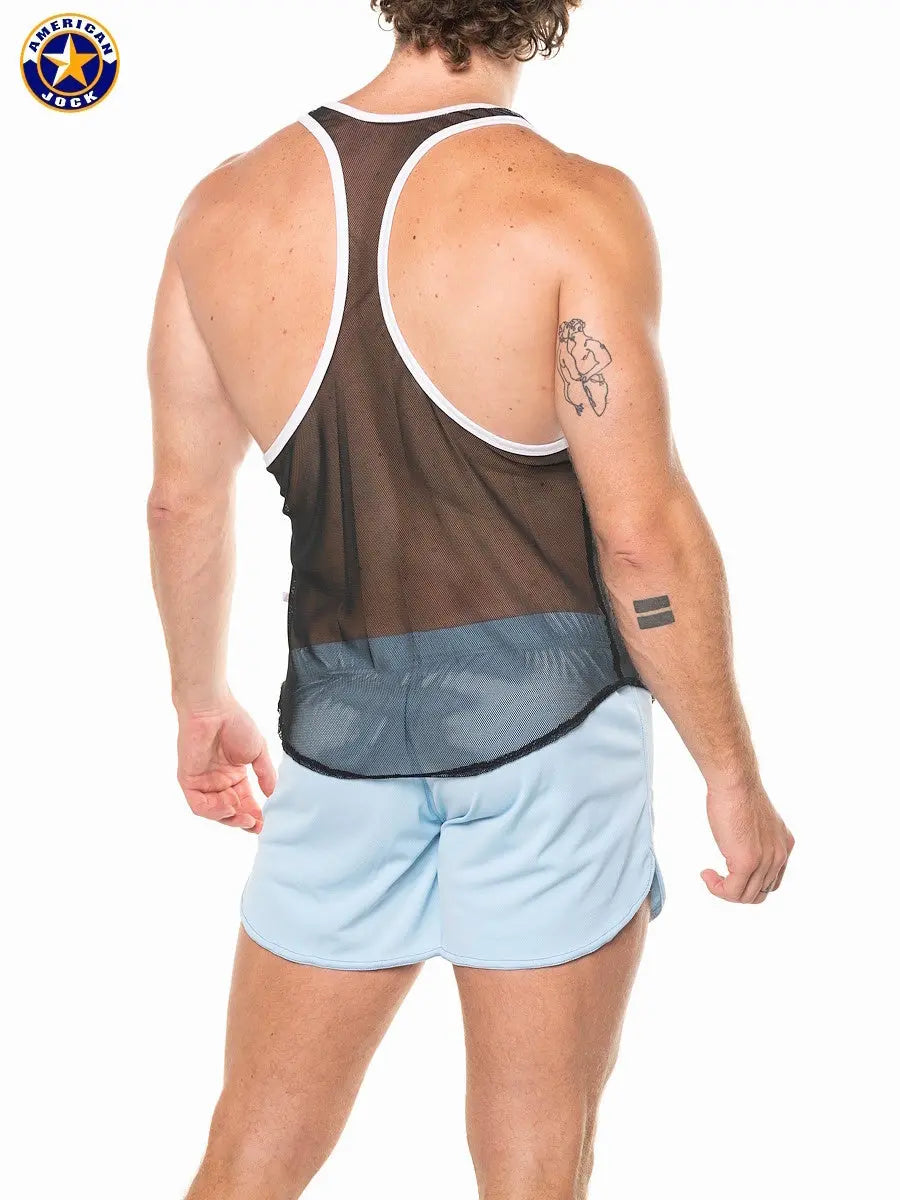 Men's black mesh gym tank top with white trim worn by a model showcasing a sporty design by AMERICAN JOCK.
