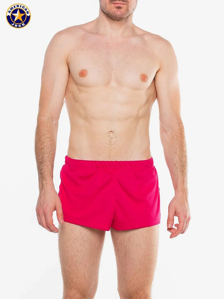Men's running shorts in paradise pink made by American Jock featuring a comfortable elastic waistband and a lightweight design.