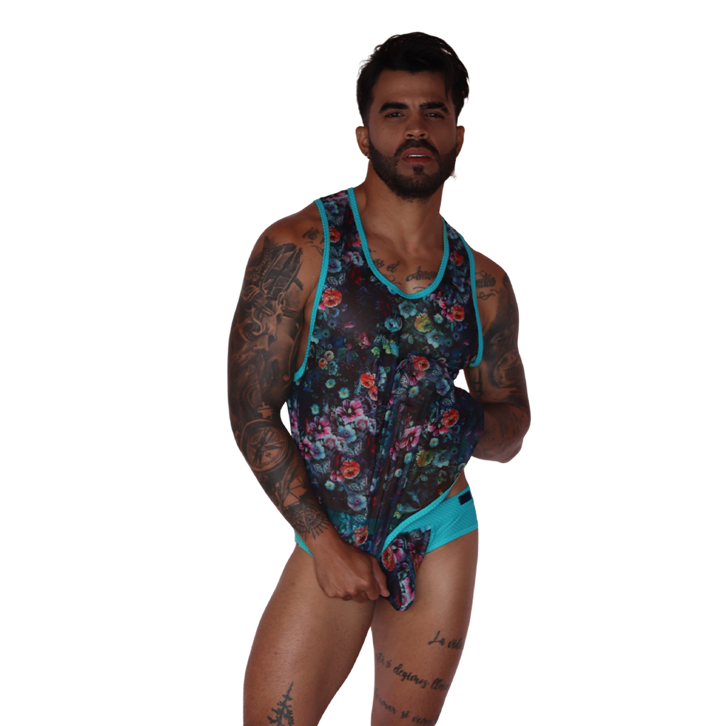 Garden Blue Tank on model by Gigo Underwear