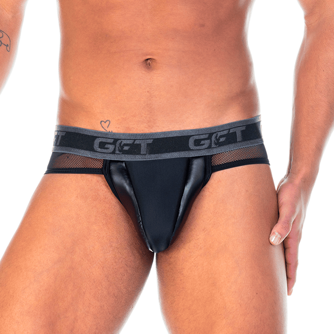 2 FETICHE BLACK BRIEF - Men's black leather underwear. Men's boxer with detachable front cup.