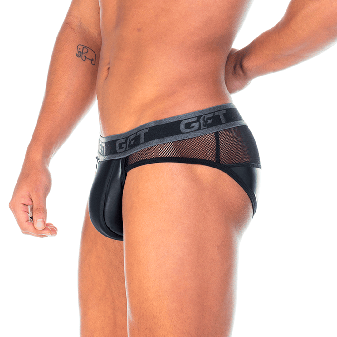 2 FETICHE BLACK BRIEF - Men's black leather underwear. Men's boxer with detachable front cup.