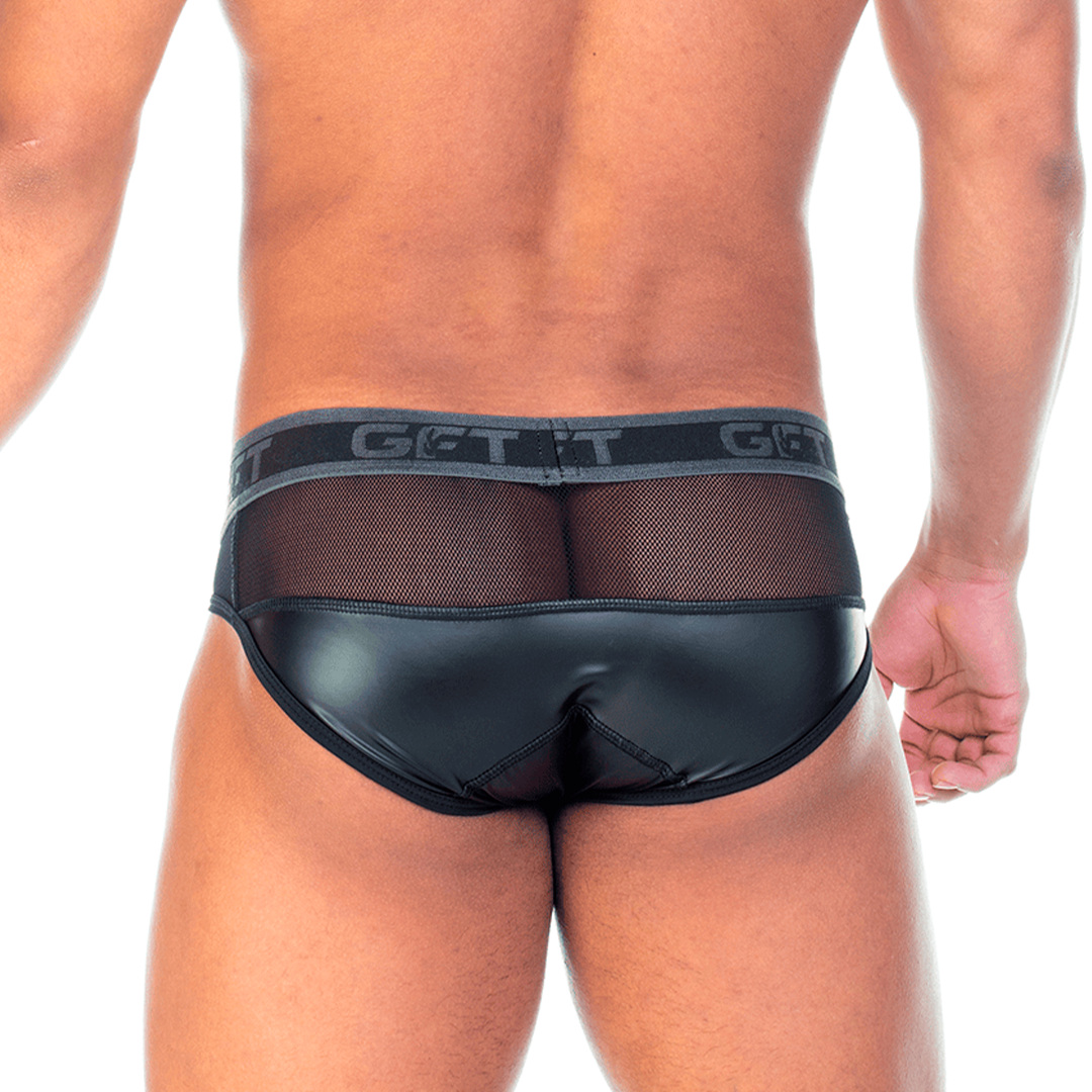 2 FETICHE BLACK BRIEF - Men's black leather underwear. Men's boxer with detachable front cup.
