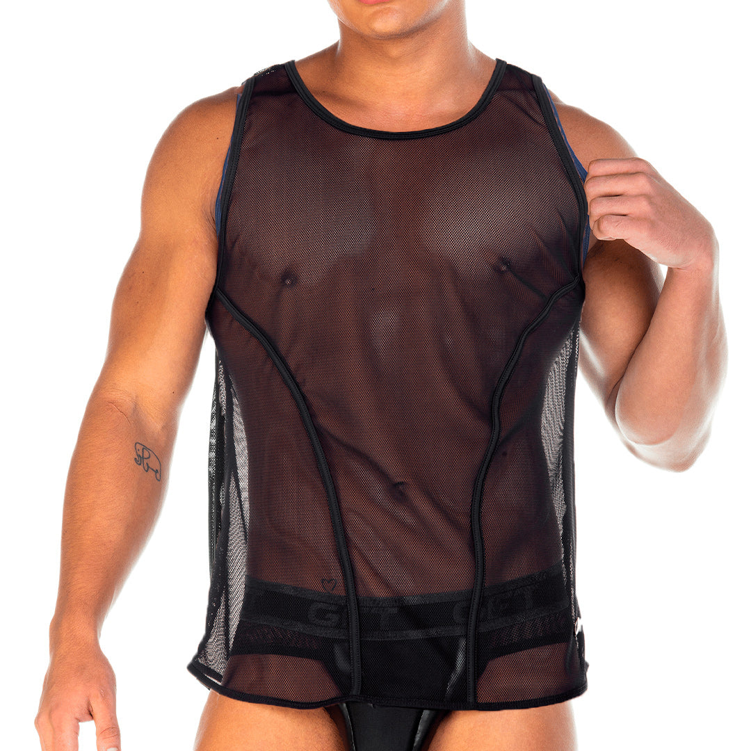 2 FETICHE BLACK TANK - Sexy black mesh t-shirt for men, sleeveless shirt