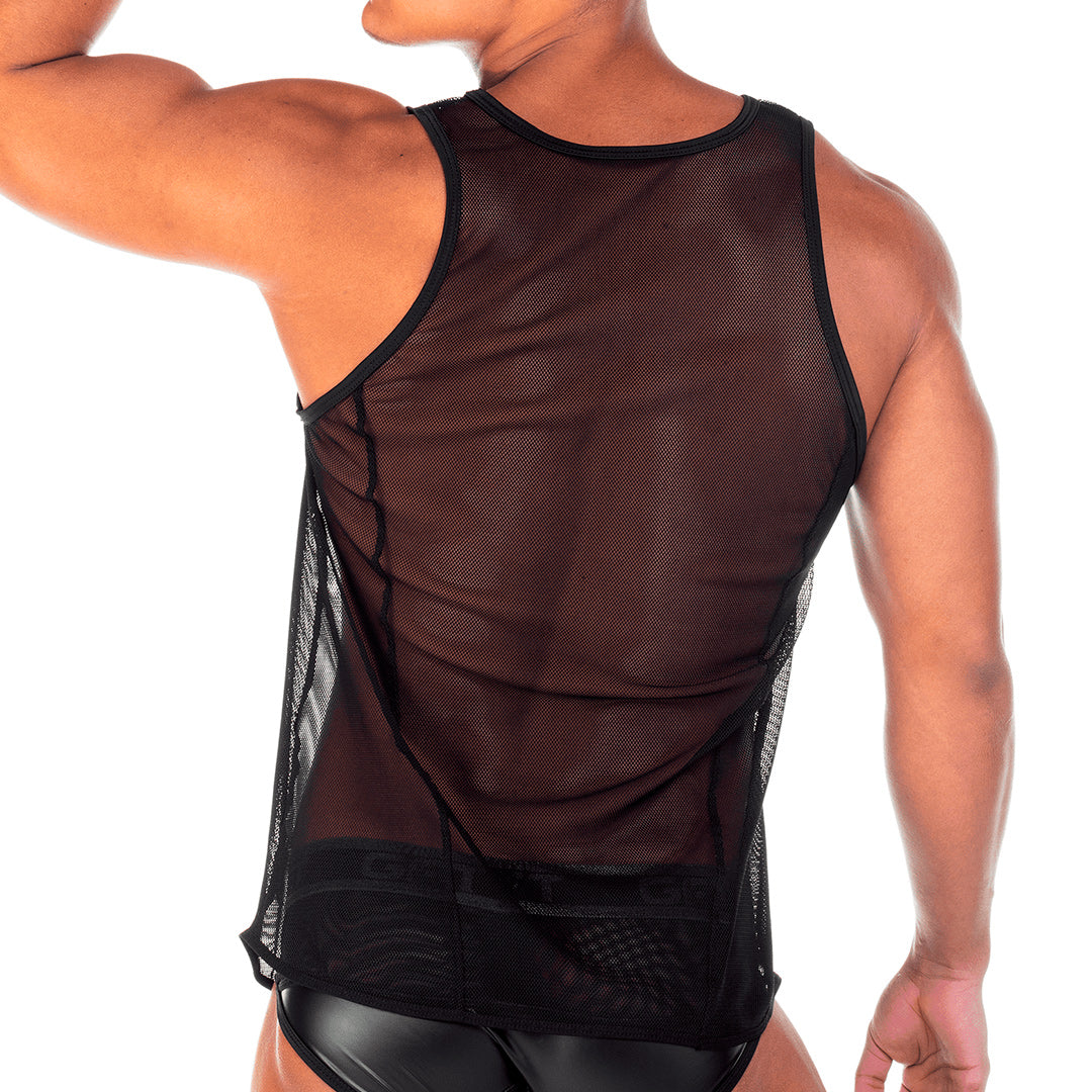 2 FETICHE BLACK TANK - Sexy black mesh t-shirt for men, sleeveless shirt