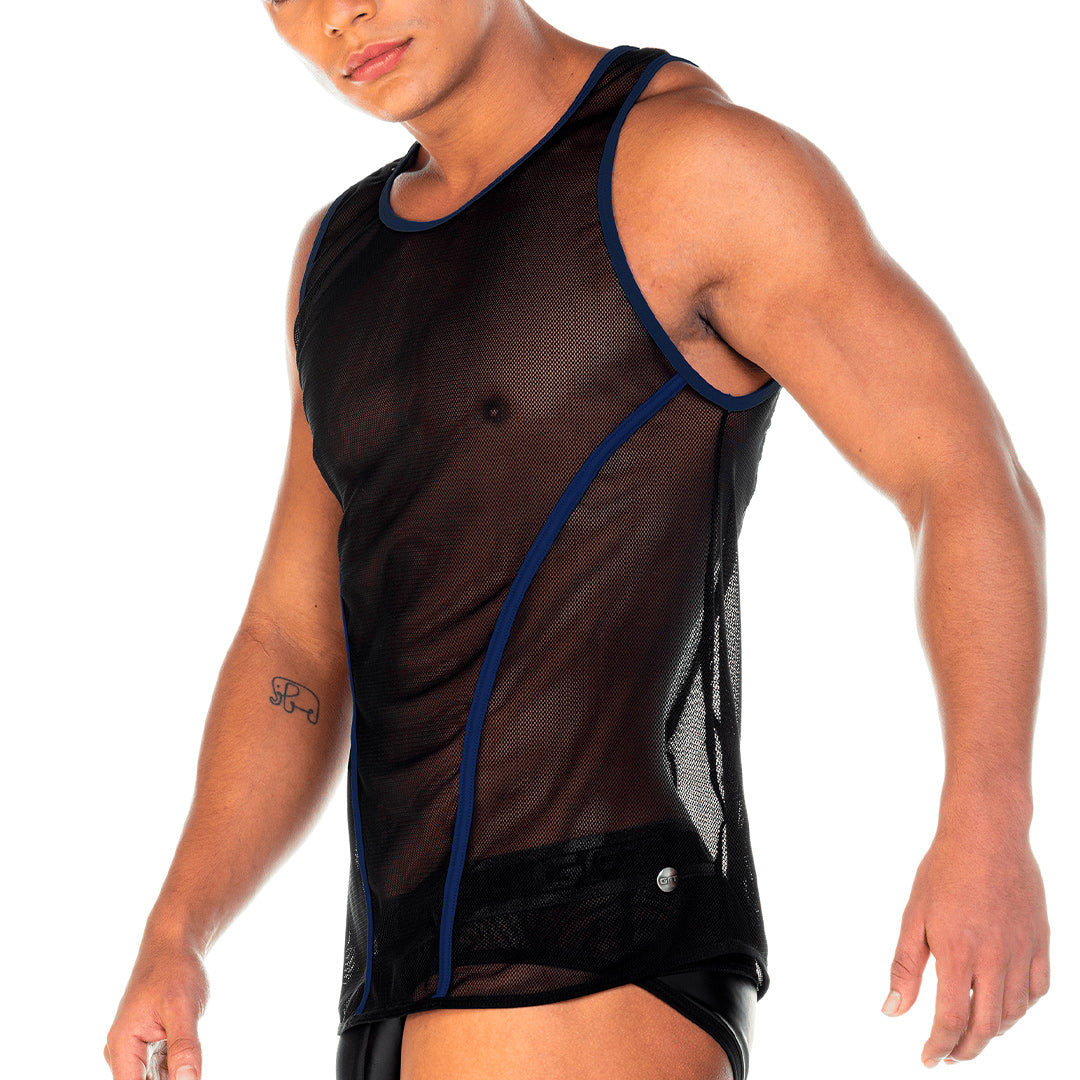 2 FETICHE BLUE TANK - Sexy black mesh t-shirt for men, sleeveless shirt