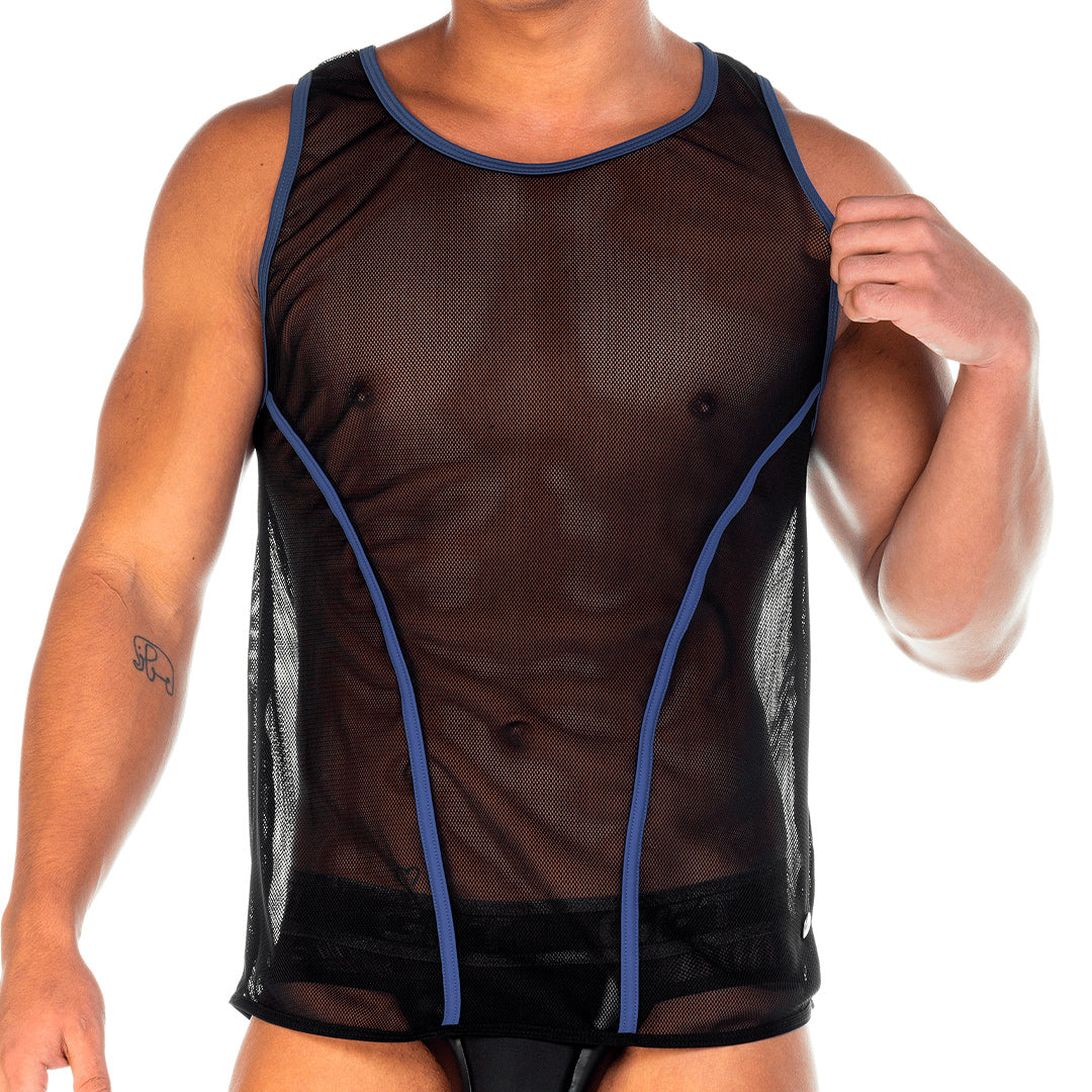 2 FETICHE BLUE TANK - Sexy black mesh t-shirt for men, sleeveless shirt