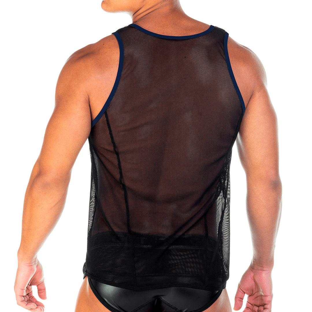 2 FETICHE BLUE TANK - Sexy black mesh t-shirt for men, sleeveless shirt