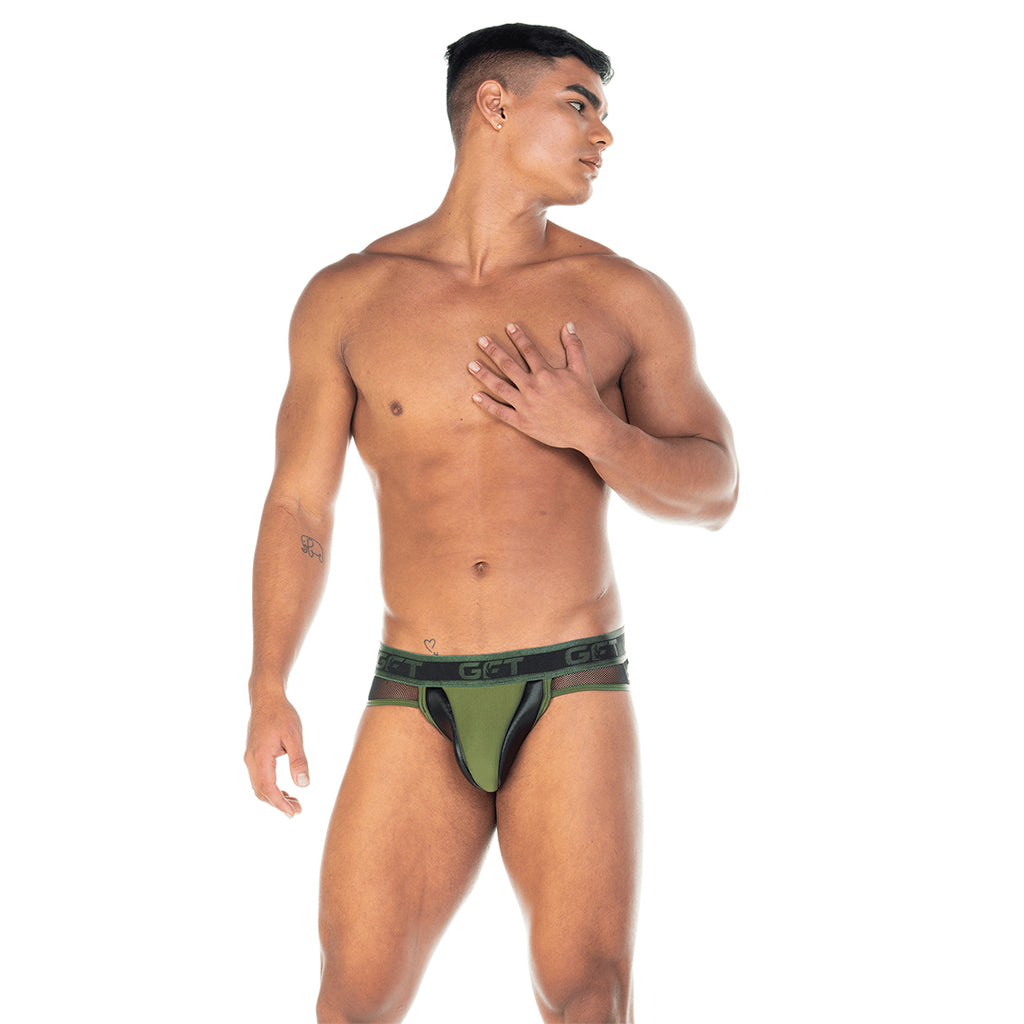 2 FETICHE GREEN BRIEF - Sexy black leather underwear for men. Brief for man