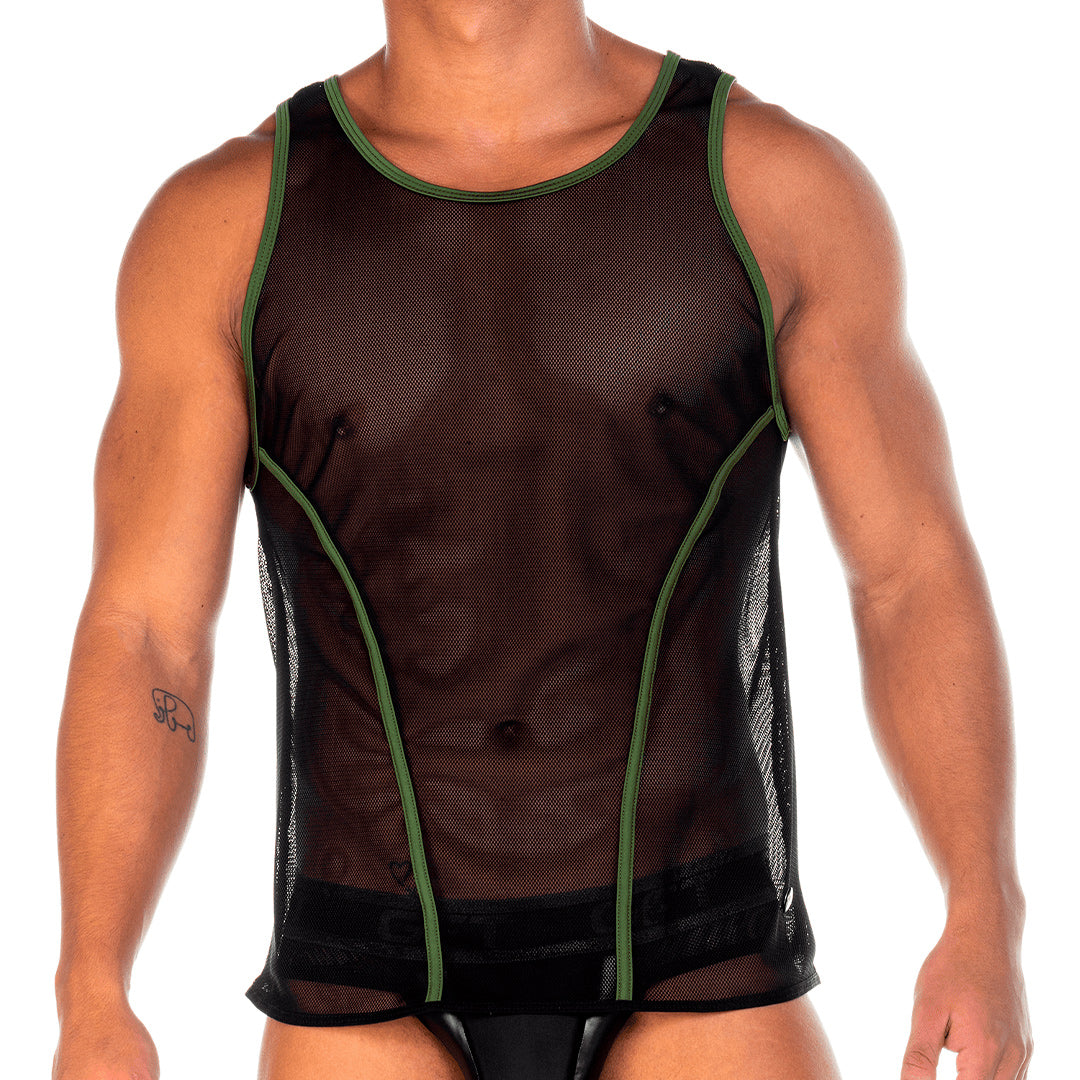 2 FETICHE GREEN TANK - Sexy black mesh t-shirt for men, sleeveless shirt