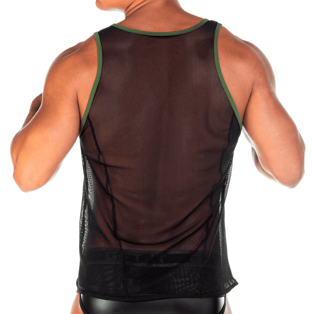 2 FETICHE GREEN TANK - Sexy black mesh t-shirt for men, sleeveless shirt