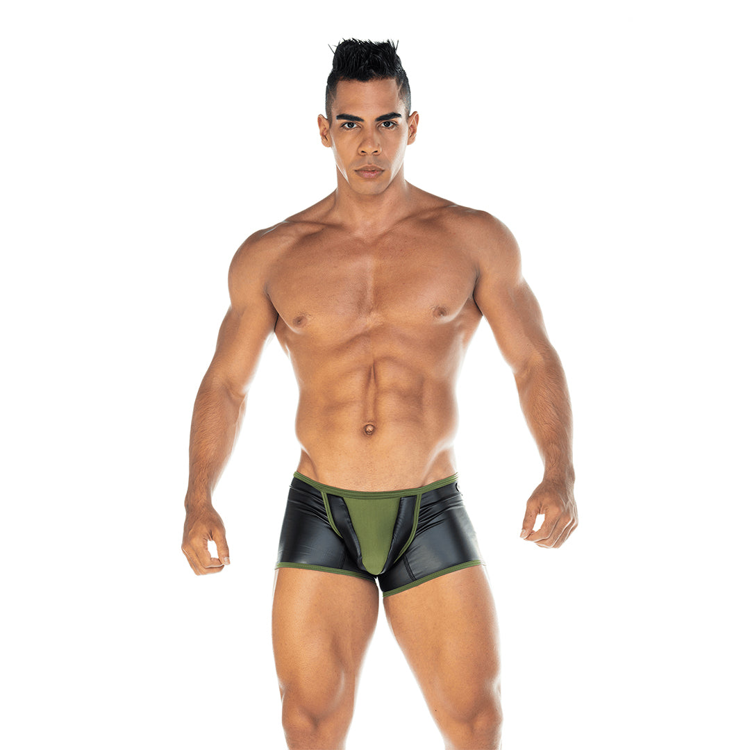 2 FETICHE GREEN TRUNK - Sexy black leather underwear for men. Boxer for man