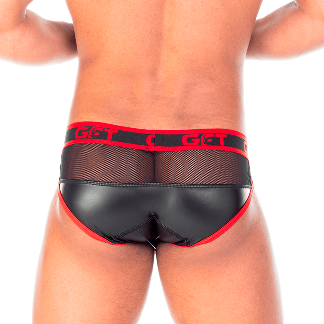 2 FETICHE RED BRIEF - Men's black leather underwear. Men's boxer with detachable front cup.