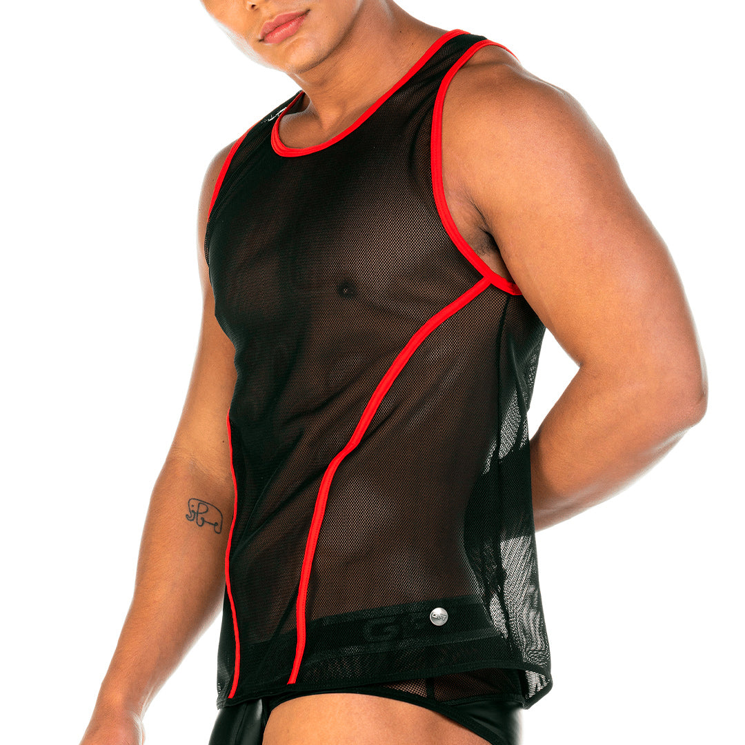 2 FETICHE RED TANK - Sexy black mesh t-shirt for men, sleeveless shirt