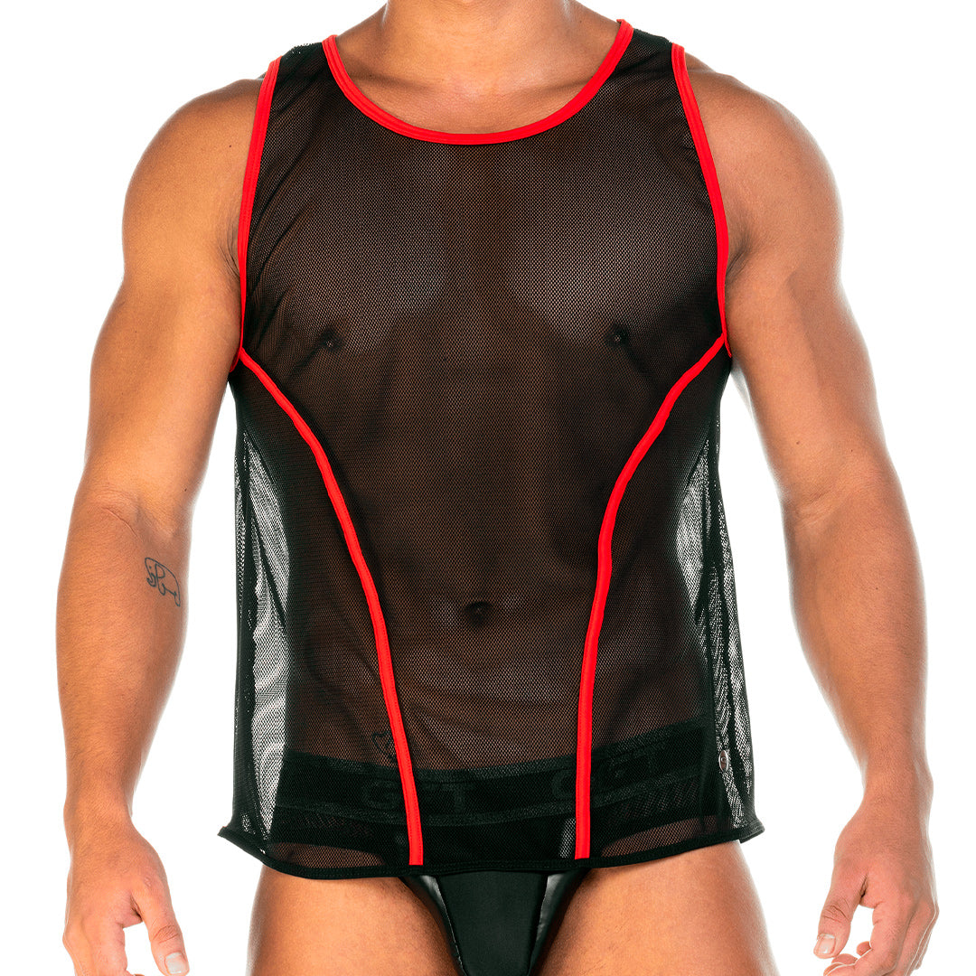 2 FETICHE RED TANK - Sexy black mesh t-shirt for men, sleeveless shirt