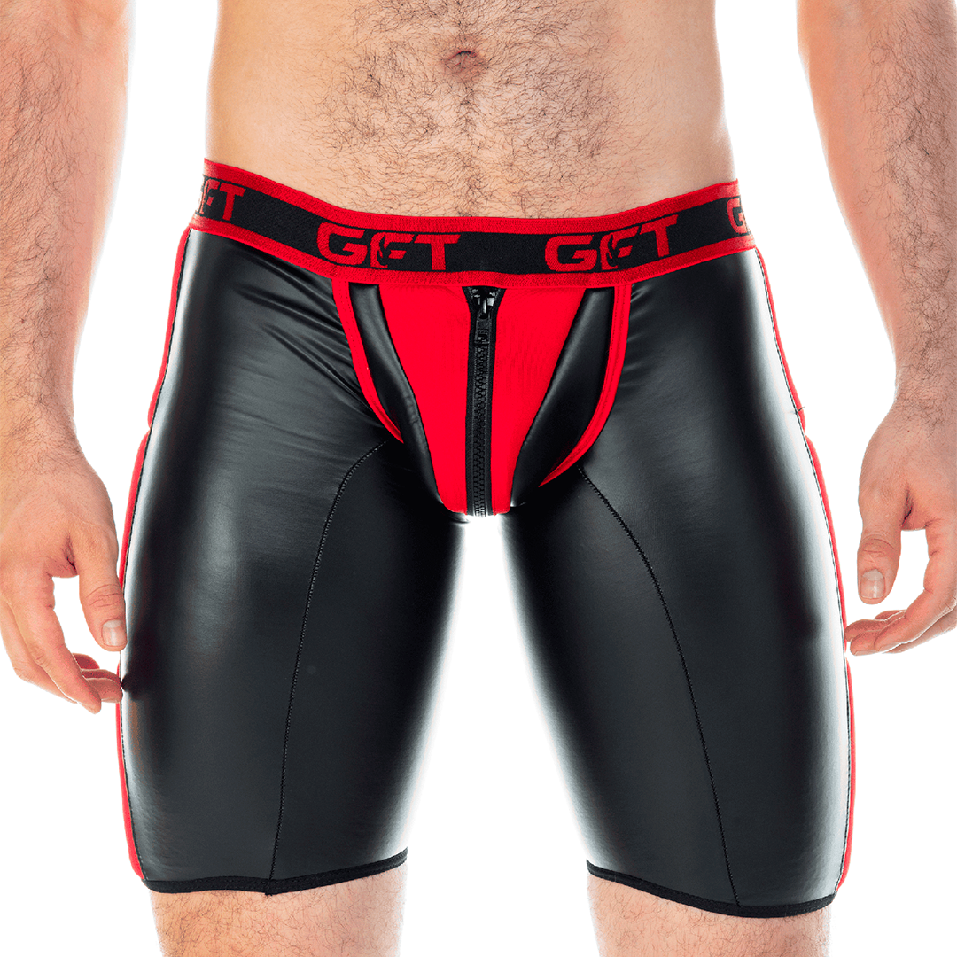 Black and red faux leather briefs with front zipper and get branded waistband gigo 2 fetiche red zipper trunk long
