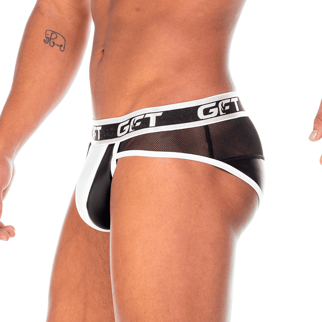 2 FETICHE WHITE BRIEF - Men's black leather underwear. Men's boxer with detachable front cup.