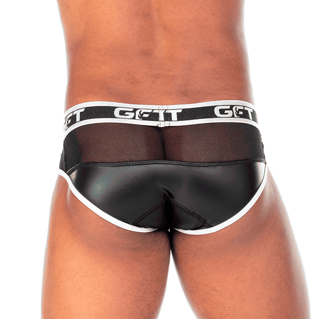 2 FETICHE WHITE BRIEF - Men's black leather underwear. Men's boxer with detachable front cup.