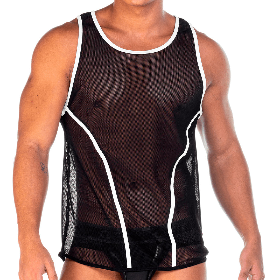 2 FETICHE WHITE TANK - Sexy black mesh t-shirt for men, sleeveless shirt