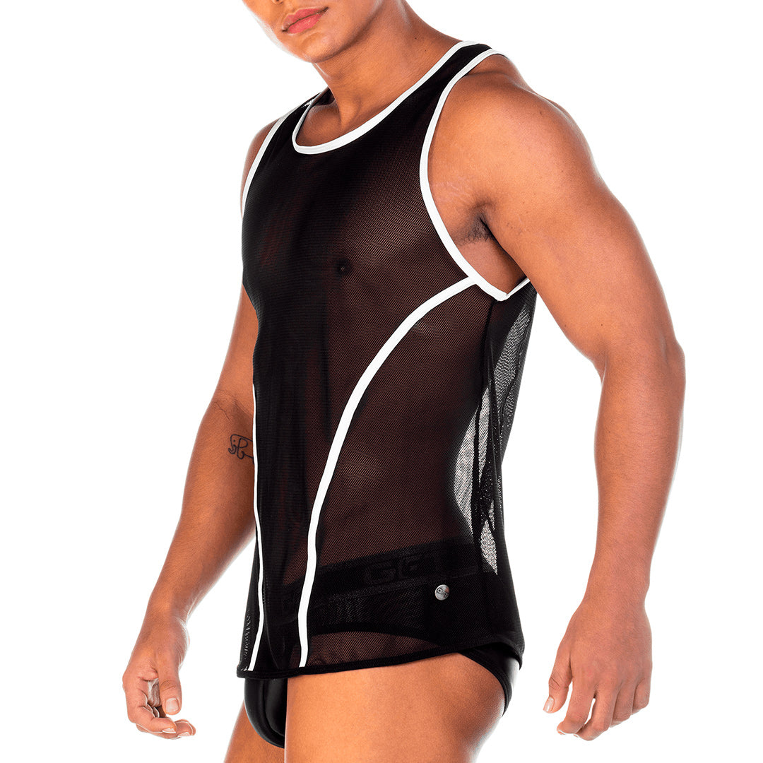 2 FETICHE WHITE TANK - Sexy black mesh t-shirt for men, sleeveless shirt