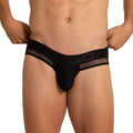 Black lace-trimmed men’s briefs with sleek form-fitting design and subtle branding on the waistband from Gigo Amazonia Brief Jock