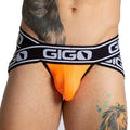 Bright orange gigo audacy jock briefs with a black and white logo band designed for comfortable support