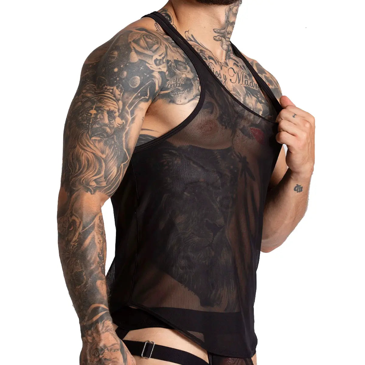 BAHIA BLACK TANK - Sexy black mesh t-shirt for men, sleeveless shirt