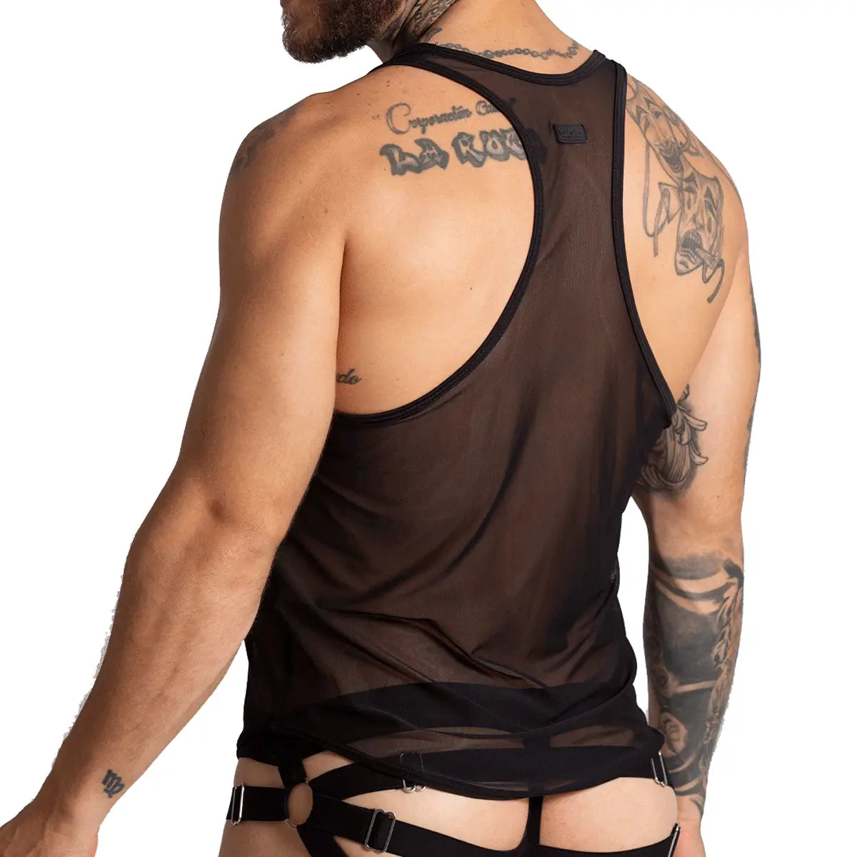 BAHIA BLACK TANK - Sexy black mesh t-shirt for men, sleeveless shirt