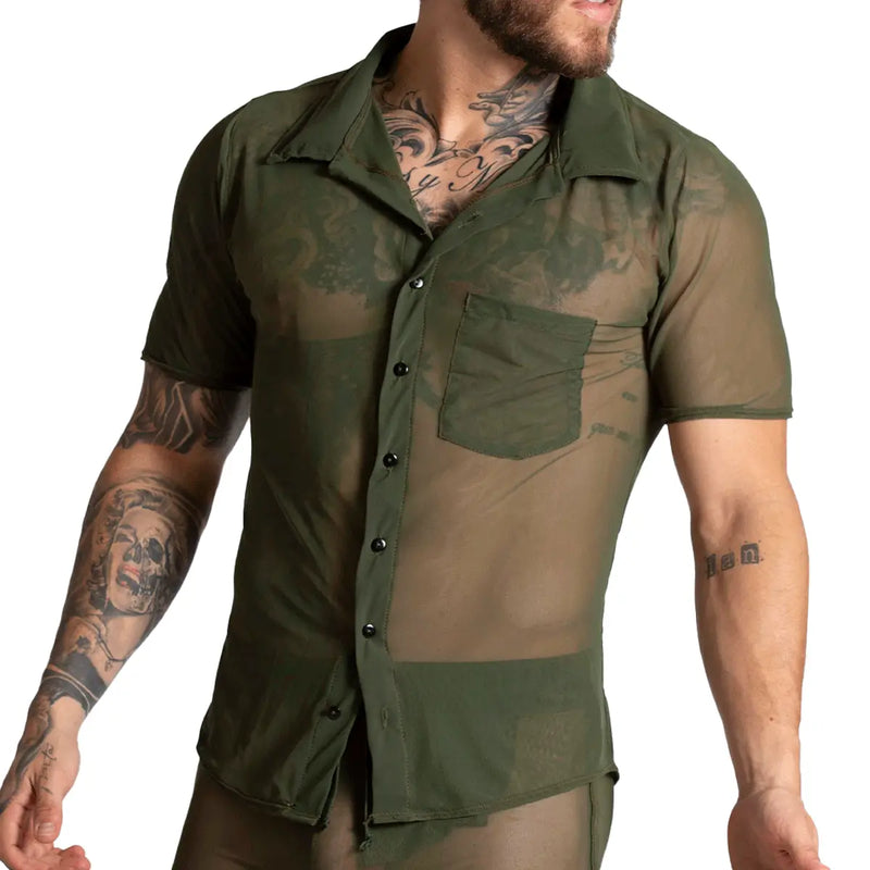Gigo Bahia green shirt olive green short-sleeved button-up with sheer mesh overlay and single chest pocket
