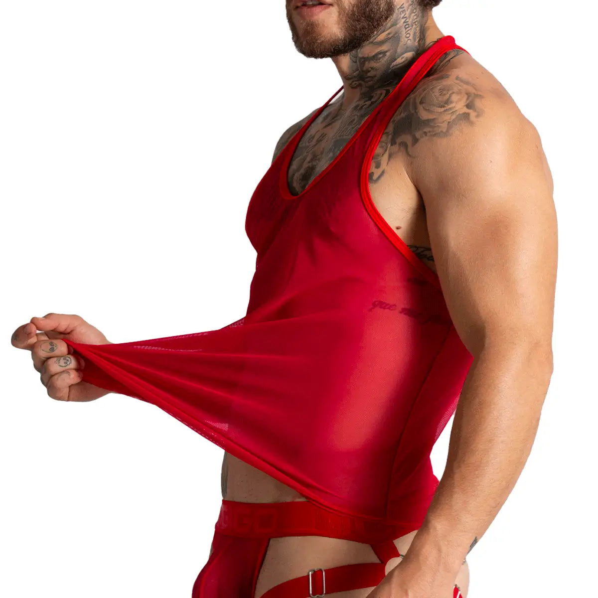 BAHIA RED TANK - Sexy red mesh t-shirt for men, sleeveless shirt