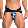 Blue and black camouflage patterned men’s briefs with wide black waistband from gigo camo black jockstrap collection