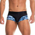 Blue and black camouflage patterned men’s briefs with mesh waistband gigo camo black trunk front view
