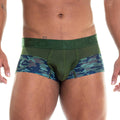 Green and blue camouflage patterned men’s briefs with a mesh front panel from the gigo camo green trunk collection