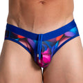 Gigo Carnations swim brief featuring vibrant abstract floral print in bold blue pink and purple with matching drawstring waistband
