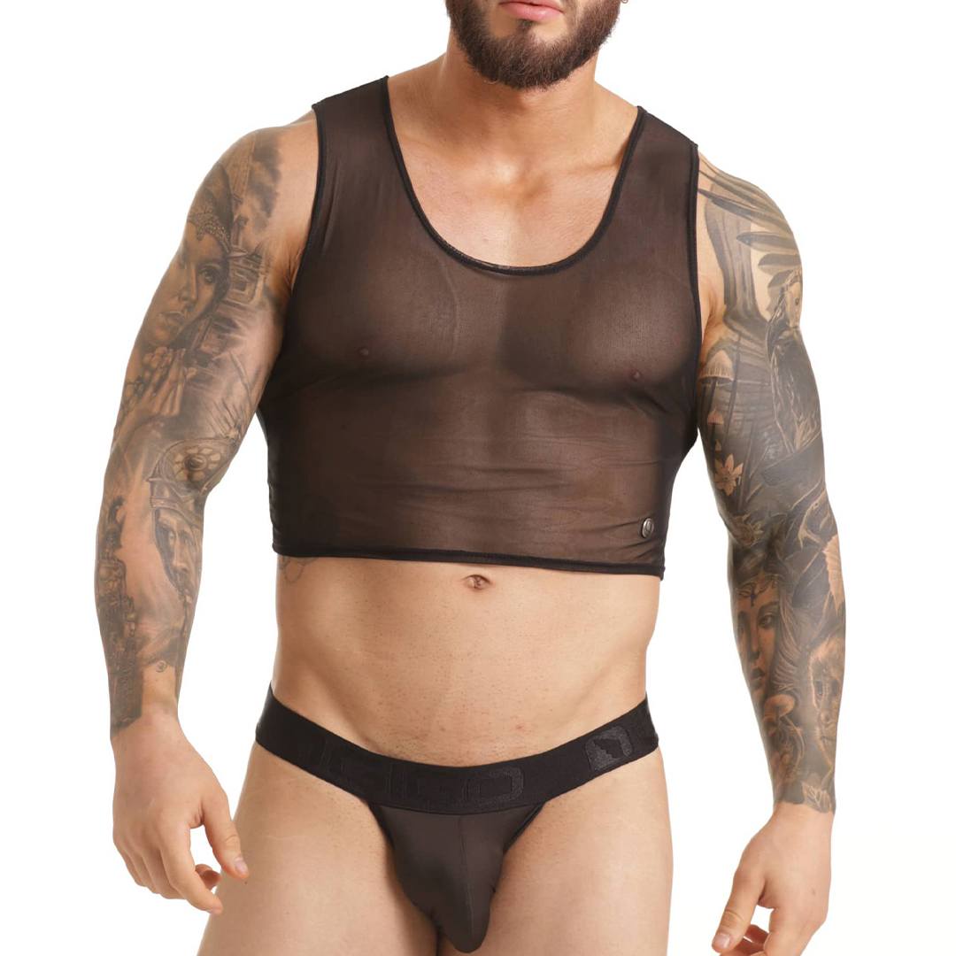 CLANDESTINE CROOP TOP - Sexy black mesh croop top for men, men's shirt