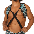 Black gigo comics vest harness with teal and white skull pattern adjustable straps and metal rings visible on front